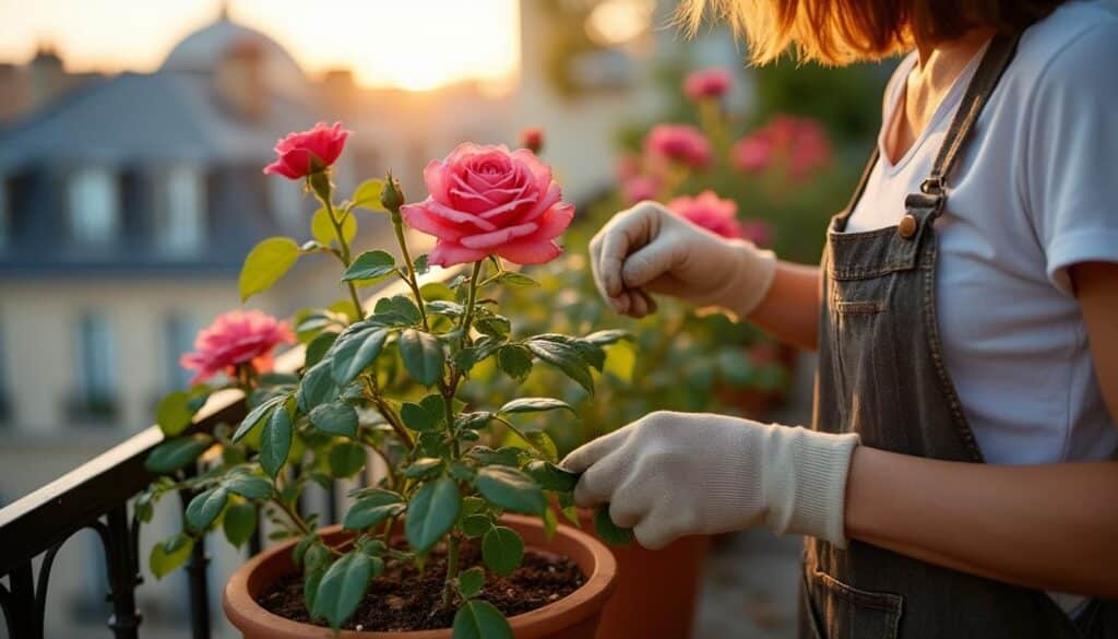 Utiliser une serpette pour tailler efficacement les rosiers en jardinières sur un balcon